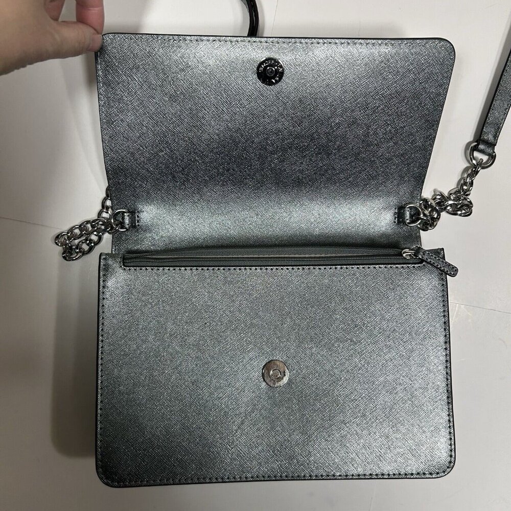 MICHAEL Michael Kors Womens Large Gusset Crossbody Light Pewter Silver Metallic - Picture 9 of 11